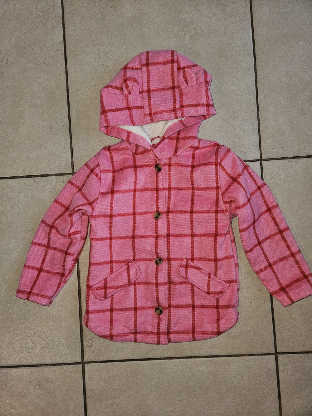 Old Navy Pink Plaid Hooded Kids Pea Coat